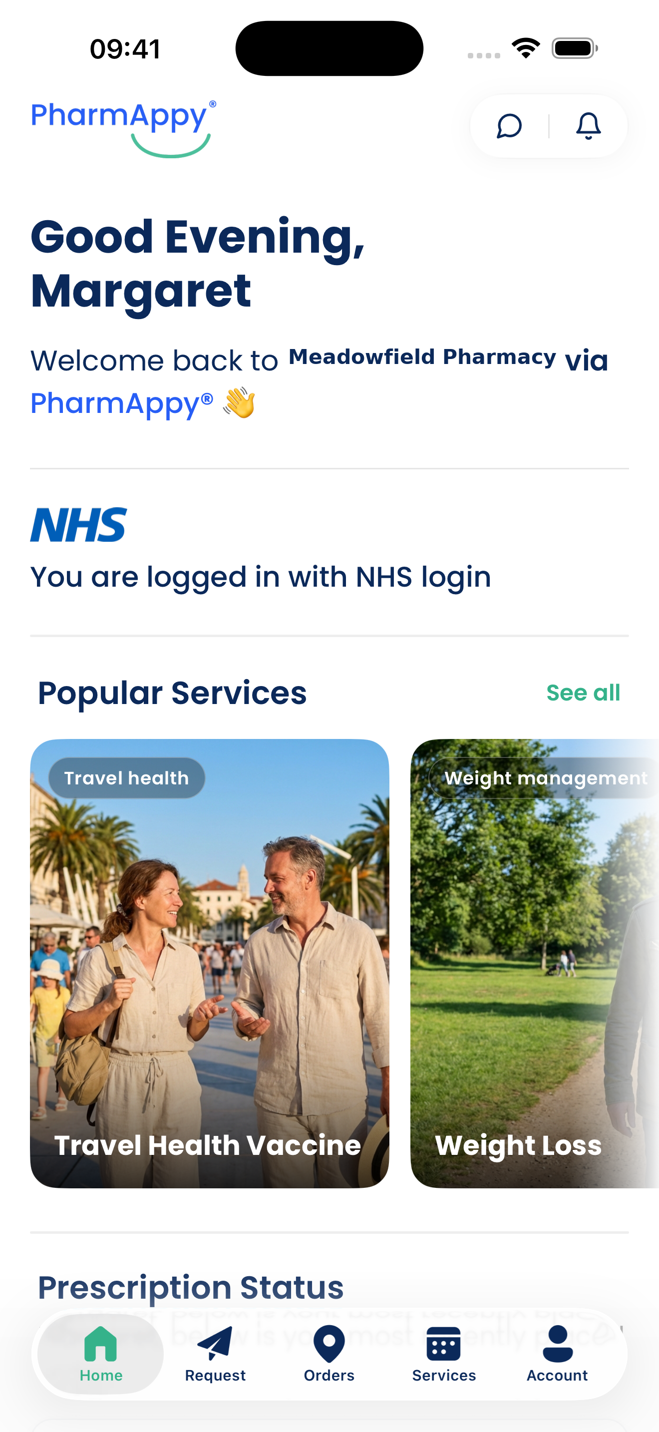 Patient app showing prescription and pharmacy service options