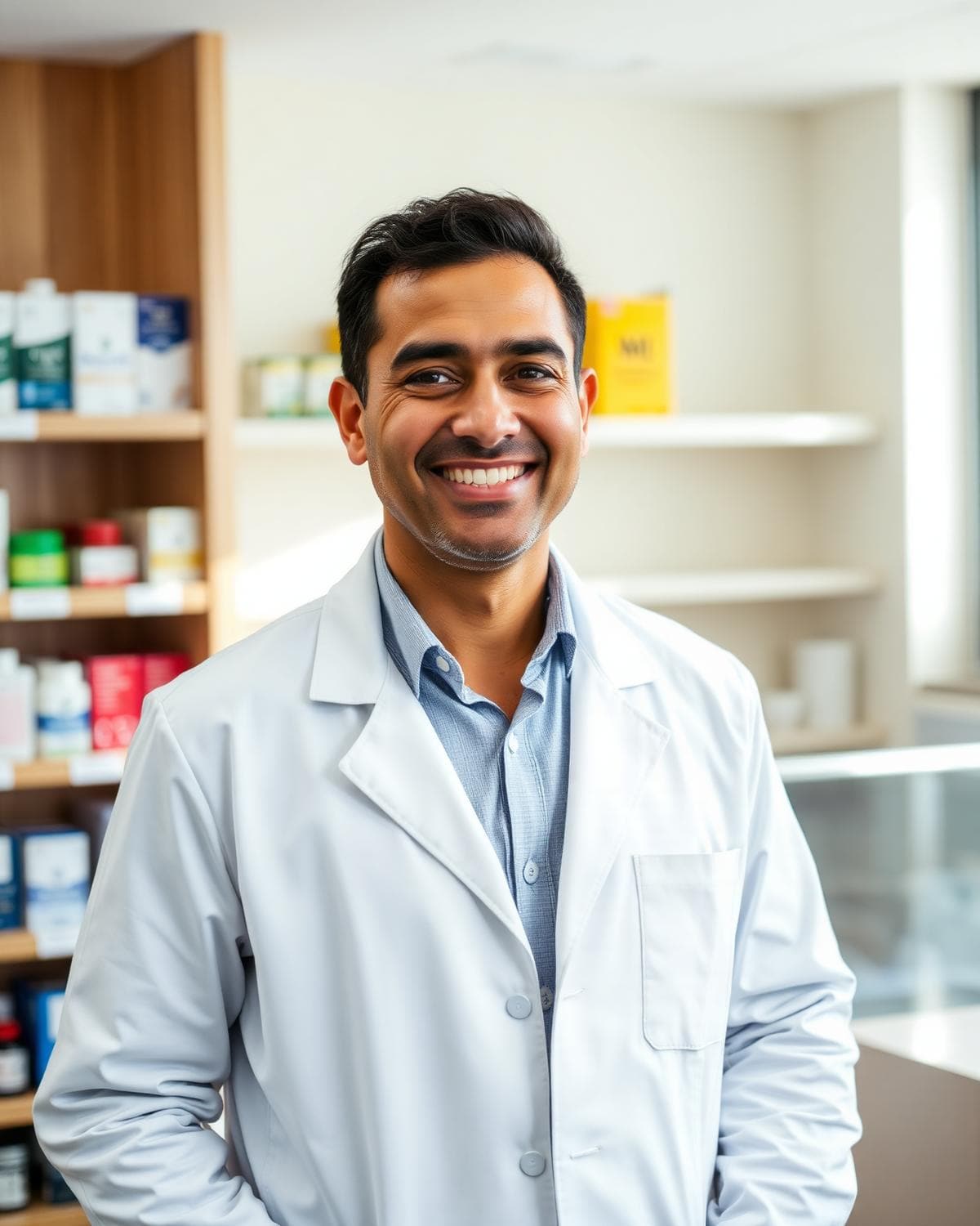 Imran Patel, superintendent pharmacist at Marina Bulakh, smiling behind the counter